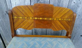 Vintage Art Deco Wood Marquetry Inlay Upholstered Vanity Accent Bench Chair 2