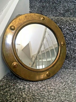 Small Old Vintage Brass Porthole Convex Mirror Nautical Ship Sea Side Maritime