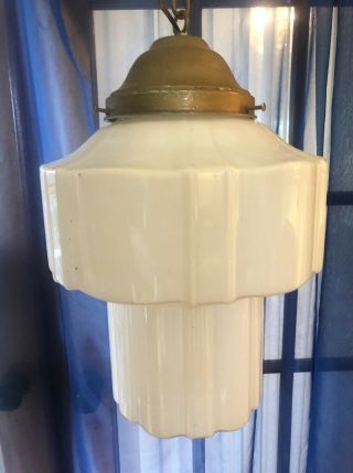 Vintage Art Deco Milk Glass Light Fixture Ceiling Mount Sky Scraper Pendant