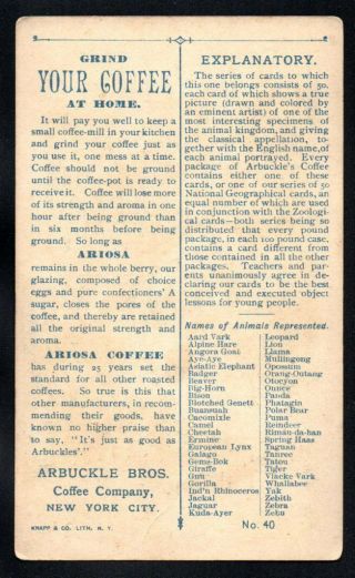 AYE - AYE ARBUCKLE BROS COFFEE ANIMALS 40 1880 ' S VICTORIAN ADVERTISING TRADE CARD 2