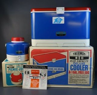 Vintage Thermos Cooler & Jug Red White & Blue Bicentennial W/ Boxes -