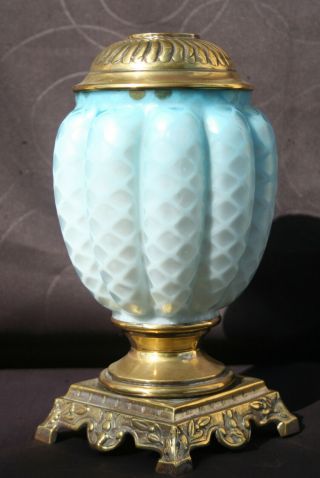 French Antique Opaline Quilted Glass Oil Lamp Font & Base Spare - Replacement Part
