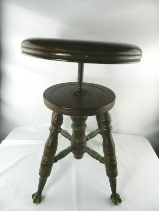 Vintage Victorian Wooden Adjustable Piano Stool Glass Ball & Claw Feet