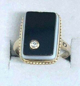 Vintage 10k Solid Yellow Gold Black & White Agate & Diamond Ring Size 4 1/2