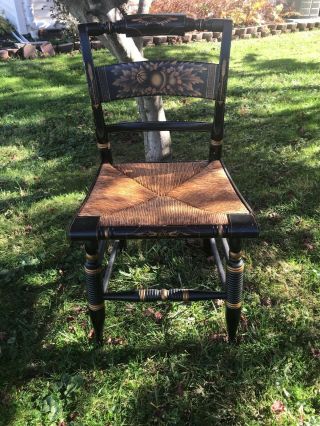 Vintage Hitchcock Side Dining Chair Black Stenciled Rush Seats Tight & Sturdy