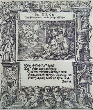 1576 Tob Stimmer 2 Woodcuts Deborah Judges & Josia Mannerist Borders