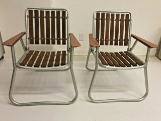Vintage Redwood Folding Chair Pair Mid Century Modern Set Aluminum Patio Lawn