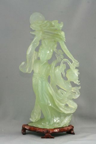 Fantastic Vintage Chinese Hand Carved Jade Stone Statue Rosewood Stand C1970s
