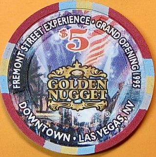 $5 Casino Chip.  Golden Nugget,  Las Vegas,  Nv.  Fremont St.  G.  O.  1995.  O44.