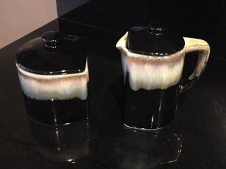 Vintage Mid Century Padilla Black/gray Drip Glaze Stoneware Sugar/creamer Set