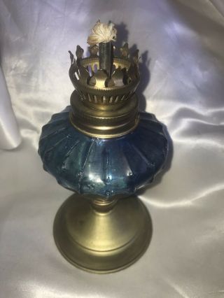 Blue Glass Mini Oil Lamp Brass Vintage Hong Kong Vintage 6 " Tall
