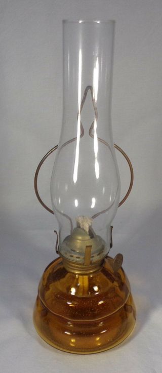 Miniature Oil Lamp Amber Glass Base Clear Chimney Wire Hanger Complete Japan