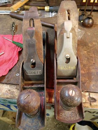 2 Vintage Stanley Bailey No.  5 Wood Planes One Smooth One Groved