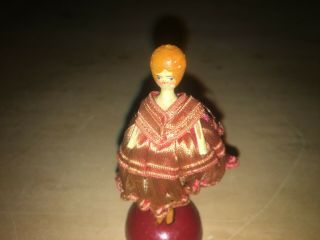 Vintage Anri Miniature Painted Wooden Doll In Silk Dress Attached To Wood Base