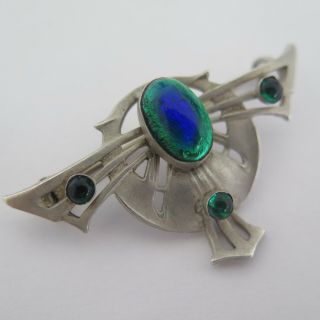Vtg Antique Art Nouveau Peacock Glass Silver Tone Brooch Pin