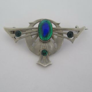 Vtg Antique Art Nouveau Peacock Glass Silver Tone Brooch Pin 3