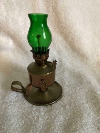 Vintage Miniature Night 5 " Tall Green Glass Metal Oil Lamp W/ Metal Handle