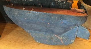 Vintage Folk Art Hand Made Wooden Pond Boat Blue Red Paint
