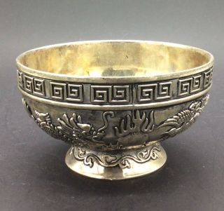 Chinese Old Handmade Exquisite Silver Dragon And Phoenix Bowl A8009