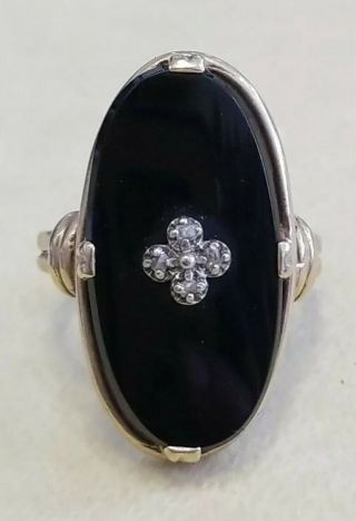 Antique 10k Gold Black Onyx Diamond Ring Sz 6 Art Deco Oval Mourning Vtg Esemco