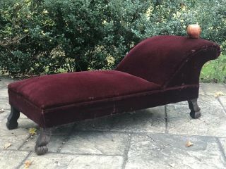 Antique 19th C Child’s Sofa Red Velvet Chaise Lounge Hand Made Doll Late 1800’s
