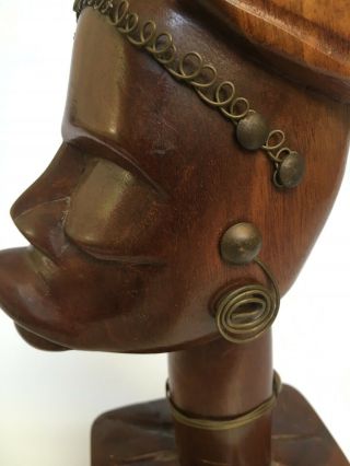 Vintage Hand Carved Wood Brass African Woman Head Statue 12 " Wooden Carving
