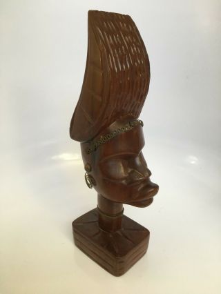 Vintage Hand Carved Wood Brass African Woman Head Statue 12 