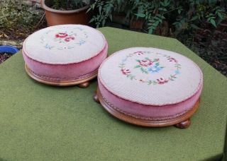 Pair Lovely Victorian Style Round Footstools Floral Tapestry & Velvet Bun Feet