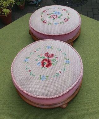 PAIR LOVELY VICTORIAN STYLE ROUND FOOTSTOOLS FLORAL TAPESTRY & VELVET BUN FEET 2