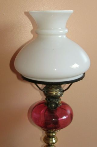 Ruby Glass Cranberry Antique Brass Candlestick Oil Lamp & Milk Glass Vesta Shade