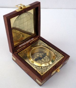 Antique Nautical Wooden Box Compass Maritime Navy Marine Desk Compass