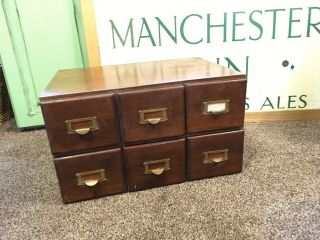 Antique 6 Drawer Index Card Filing Unit In Wood Brass Handles