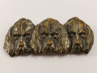 Antique Vintage Bloodhound Trio Hunting Dog Brass Copper Brooch Pin Blood Hound