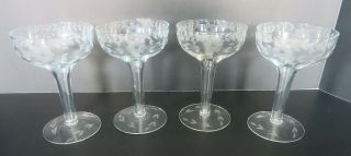 4 Pc Vintage Hollow Stem Etched Floral Champagne Glasses W/ Etched Base