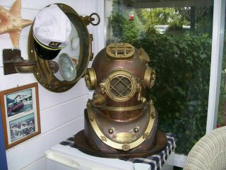 Vintage Brass & Copper Diving Helmet Table Divers Decor Scuba Sca Us Navy Mark