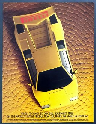 1986 Yellow Lamborghini Countach Coupe Photo Pirelli Tires Vintage Print Ad
