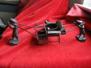 Vintage Asian Chinese 2 Men with a Cart with Wheel ' s Metal Wire Plant Holder 3