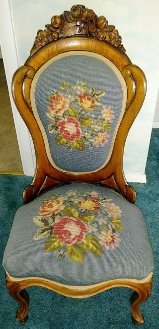 Vintage Victorian Style Carved Accent Chair Mahogany Needlepoint Wheels Antique