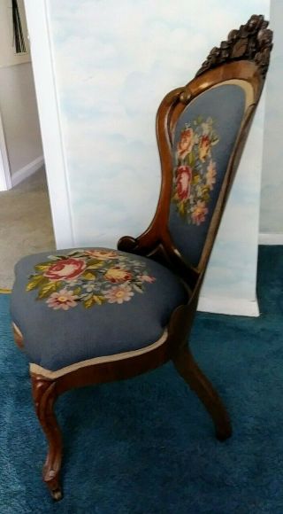 VINTAGE Victorian Style Carved Accent Chair Mahogany Needlepoint Wheels Antique 2