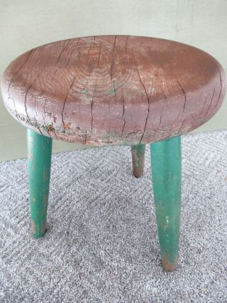 Antique Stool Primitive Vintage Pine Wood 14 - 1/2 " Tall,  Green Paint,  3 - Leg Stand
