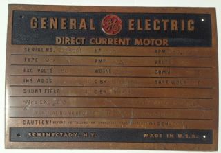 Vintage Ge General Electric Brass Industrial Motor Plate/sign/plaque 12 " X 8 1/4 "