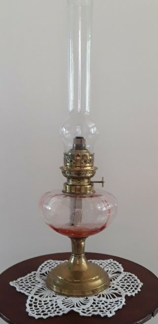 Vintage Oil Lamp With Pink Glass Font,  Brass Base 20 " / 50cm Tall