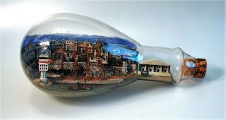 Harbor Scene Diorama Of A Ship In A Light Bulb Bottle