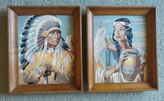 Vintage 1950s Oil Paint By Number Framed Chief Squaw Native American Indian Pair