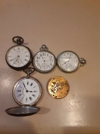 5 Vintage Pocket Watches,  Elgin,  Waltham,  Roskopf,  Silver