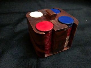 Vtg Wood Poker Chip Set Box Holder Carrier W/ 117 Red White Blue Wooden Chips