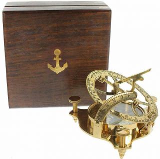 Antique Nautical Brass Sundial Compass With Hardwood Wooden Box 4