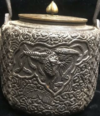 Antique Vintage Japanese Cast Iron Copper Bronze Lid Signed Tetsubin Teapot