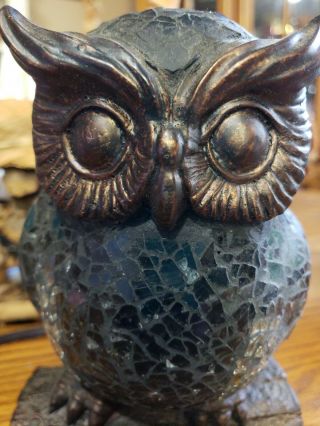 VTG Owl Lamp Night Light Mosaic Stained Amber Colored Glass 6.  5” Great 2