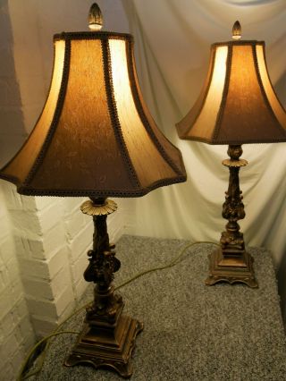 Tall Vintage Style Ornate Table Lamps.  Two Tone Mocha Shades.